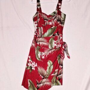 Vintage Red Mini Wrap Dress Midcentury Tropical Leaves 50s Hawaiian